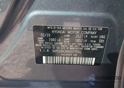 2019 Hyundai Accent Sel from USA, damaged, VIN 3KPC24A34KE077052